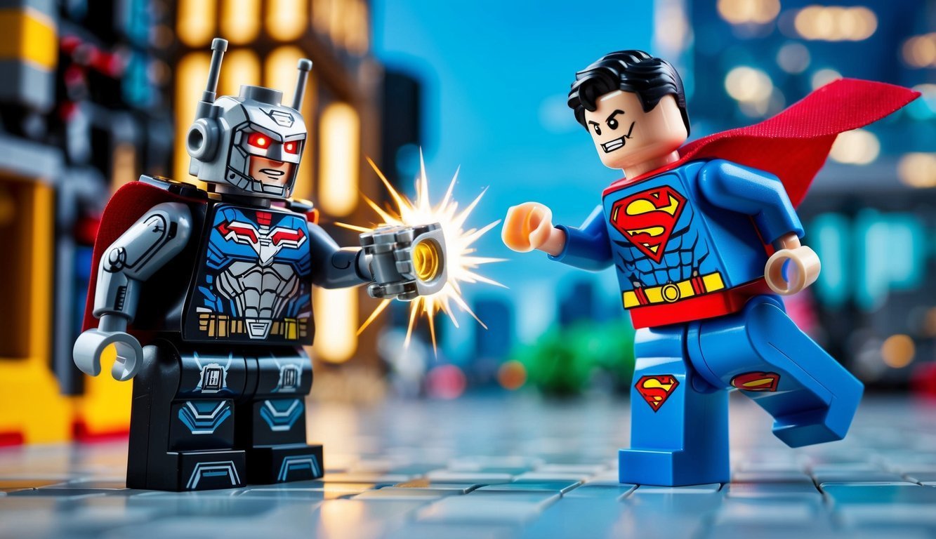 Lego Superman and robot-like character facing off in a city scene