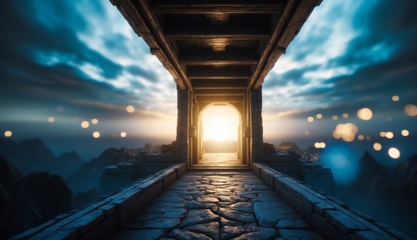 Stone archway leading to bright light, overlooking mountains at dusk