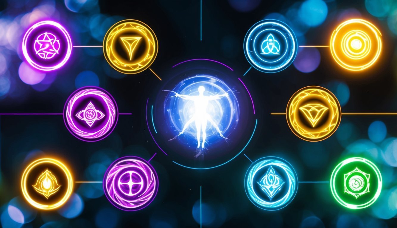 Glowing human figure surrounded by colorful, interconnected symbols and circles