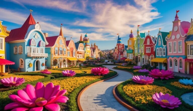 Colorful whimsical buildings line a street with flowers and a winding path