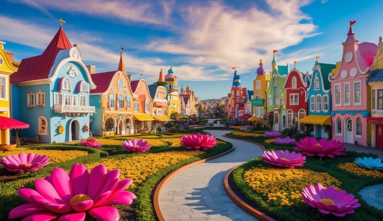 Colorful whimsical buildings line a street with flowers and a winding path