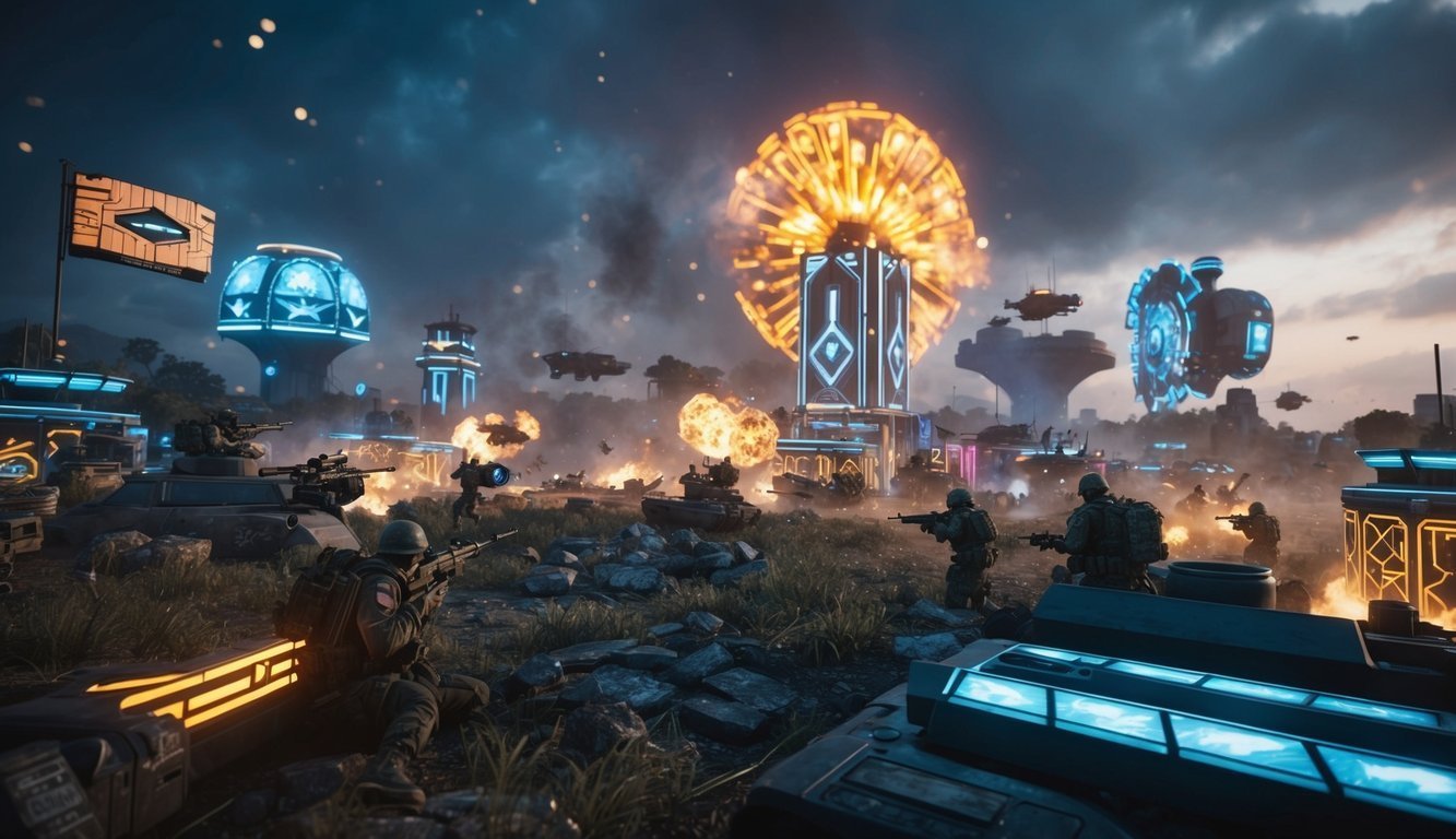 Futuristic battlefield scene with soldiers, explosions, and glowing structures