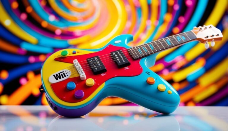 Colorful Wii guitar controller with a vibrant, swirling background