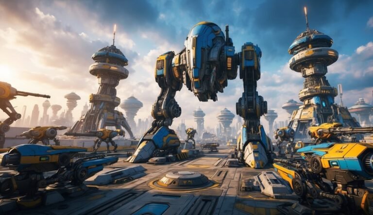 Giant robot and futuristic vehicles in a sci-fi city landscape