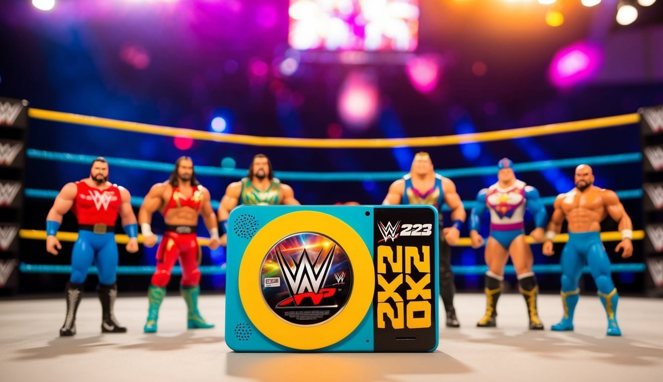 WWE 2K23 game console with wrestler action figures on a wrestling ring