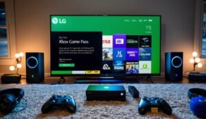 Xbox console setup with TV displaying Xbox Game Pass interface