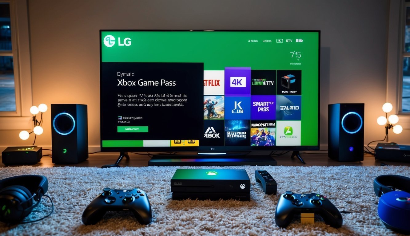 Xbox console setup with TV displaying Xbox Game Pass interface