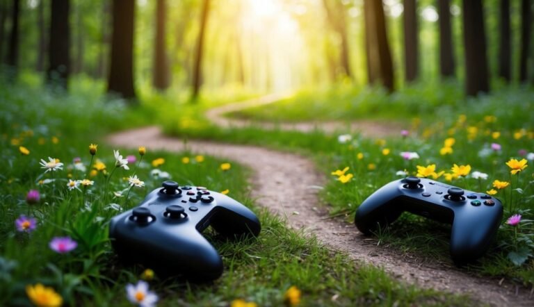 Two game controllers on a path through a sunny, flower-filled forest