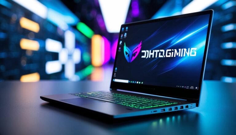 Gaming laptop with glowing green keyboard and "DHTR GAMING" screen