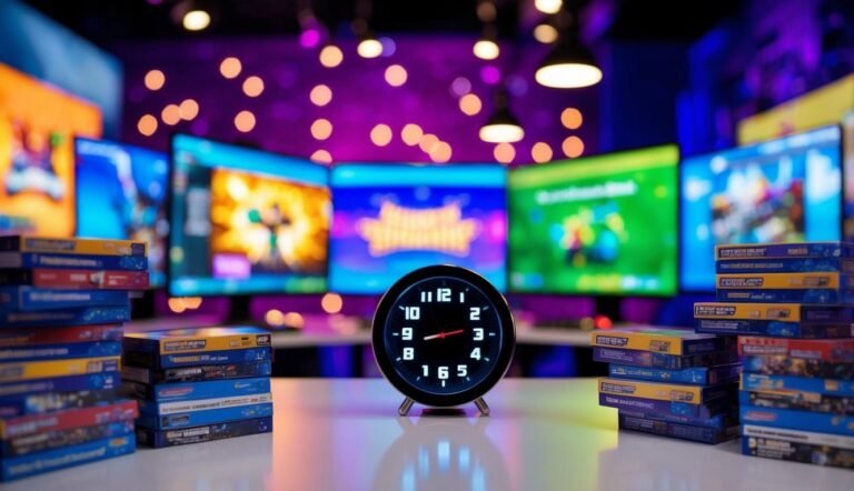 Clock, monitors, and game boxes on a table in a purple-lit room