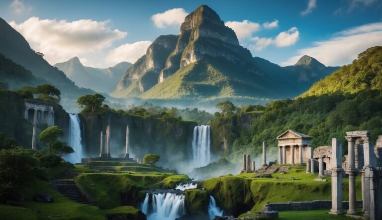 Waterfall cascading down a mountain with ancient ruins and lush greenery