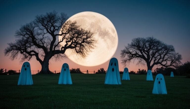 Halloween scene: ghosts in a field, full moon, and bare trees