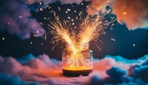 Jar with sparks and glowing liquid, surrounded by colorful clouds