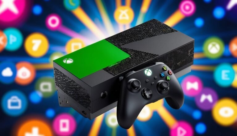 Xbox console with controller, green top, and colorful background