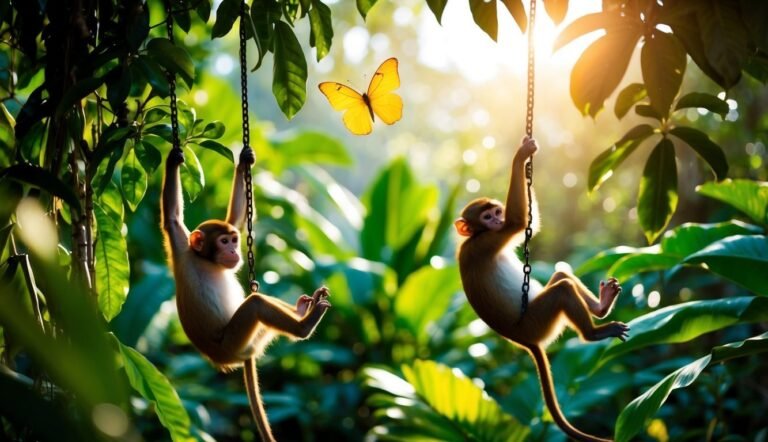 Two monkeys swinging on chains, with a yellow butterfly in a jungle