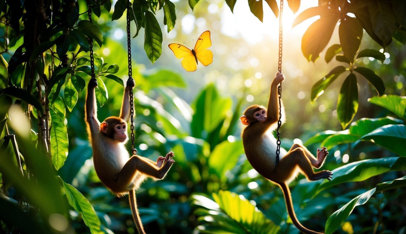 Two monkeys swinging on chains, with a yellow butterfly in a jungle