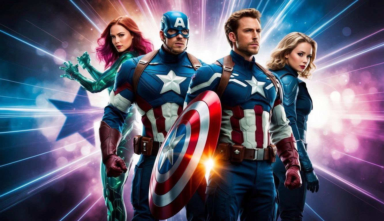 Four superheroes, including Captain America, pose with a colorful, glowing background