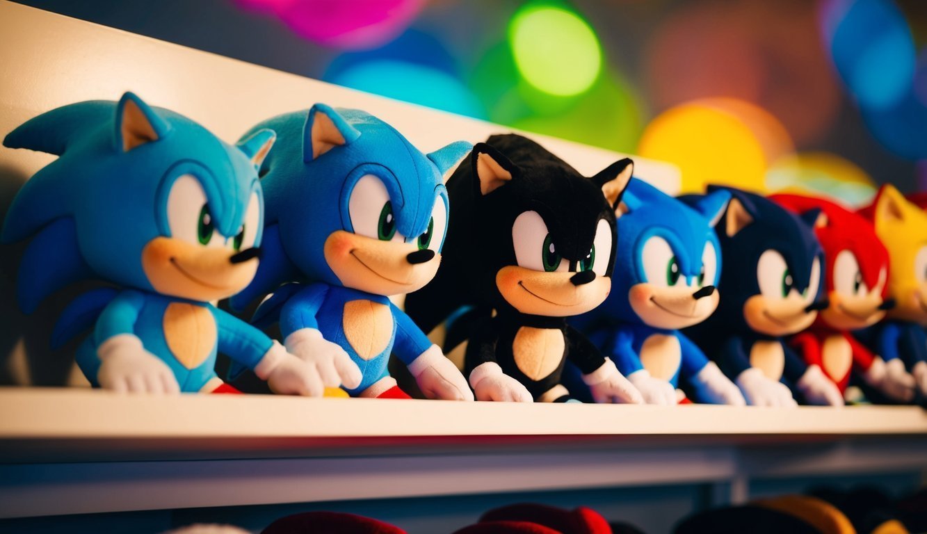 Plush Sonic the Hedgehog toys in various colors lined up on a shelf