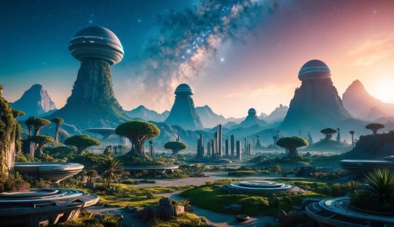 Futuristic city with dome-topped structures, mountains, and a starry sky