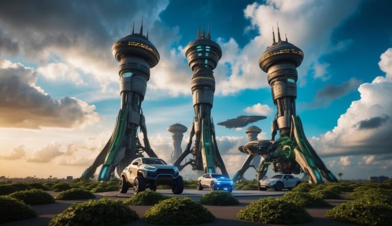 Futuristic city with tall towers, vehicles, and flying spacecraft under a cloudy sky