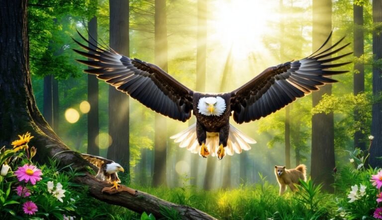 Majestic bald eagle soaring in a sunlit forest, with a small dog