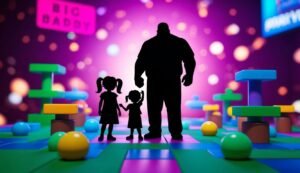 Silhouette of a large man and two girls on a colorful game board