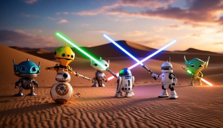 Star Wars characters with lightsabers in a desert landscape