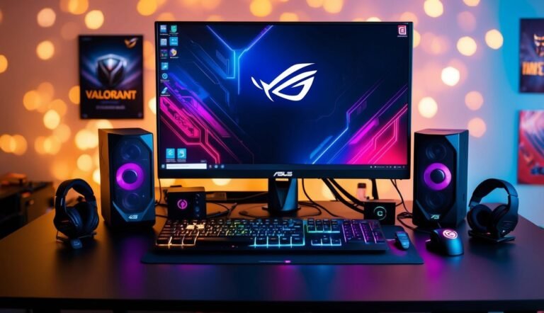 Gaming setup with monitor, keyboard, speakers, and headphones, lit with neon lights