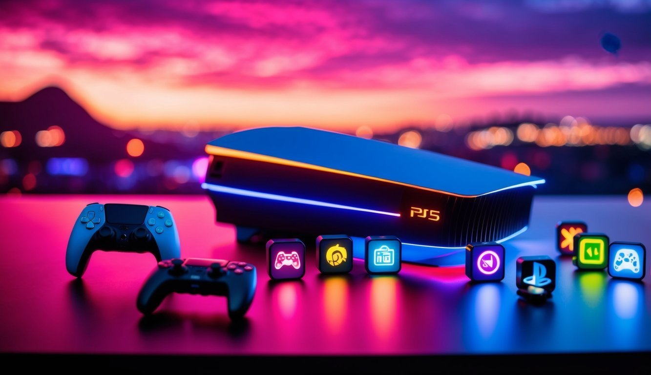 PlayStation 5 console with controllers and app icons, neon lights