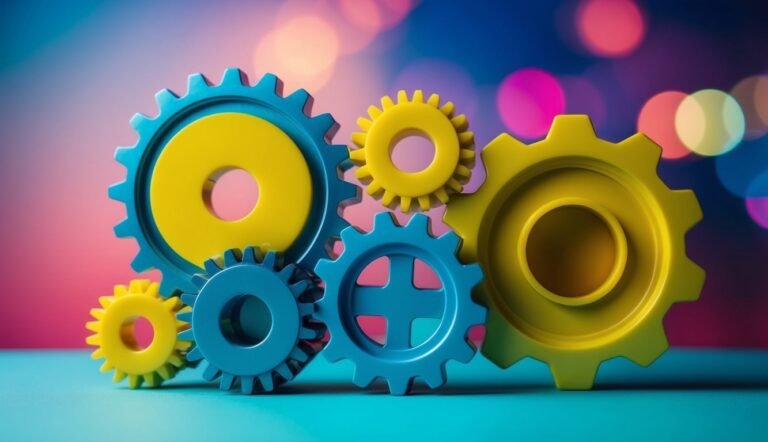 Colorful gears in blue and yellow, arranged against a blurred background