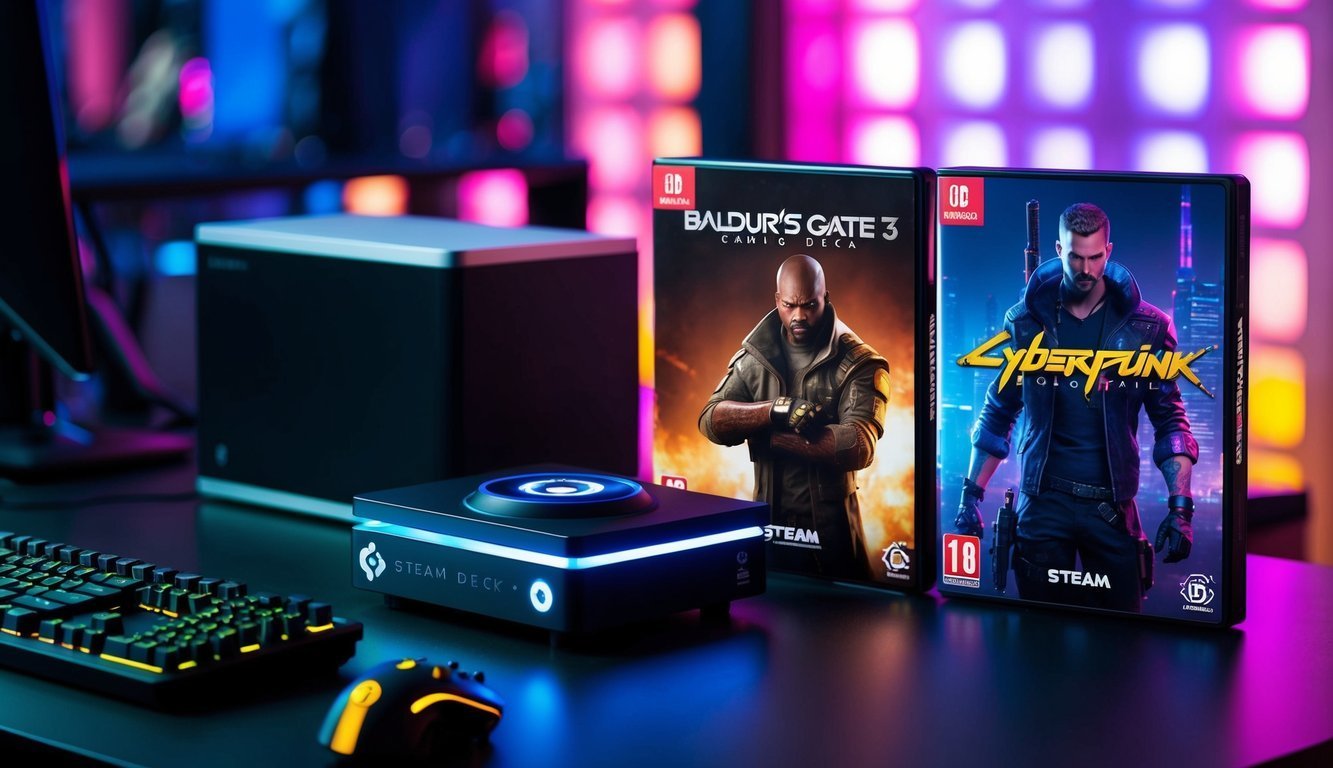 Steam Deck with game cases for Baldur's Gate 3 and Cyberpunk 2077