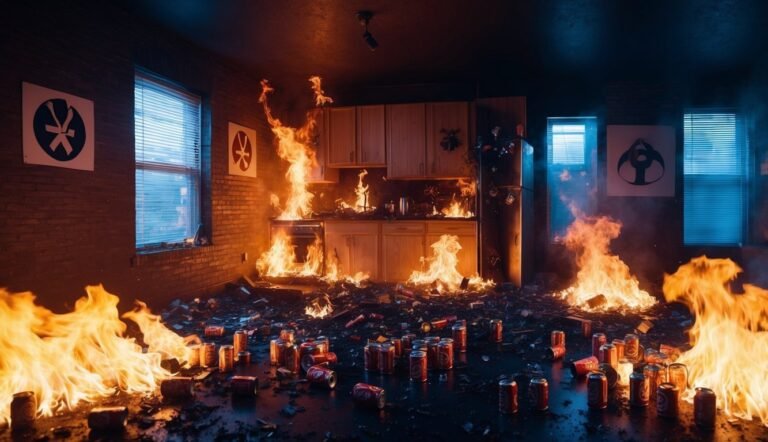 A kitchen engulfed in flames with scattered cans and symbols on the walls