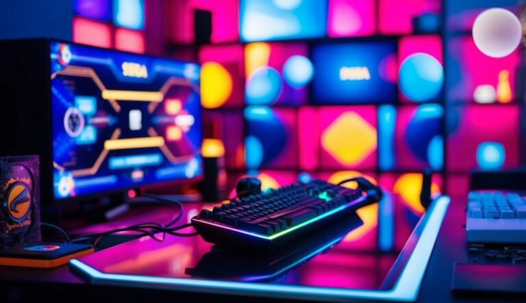 Gaming setup with a glowing keyboard, monitor, and colorful background