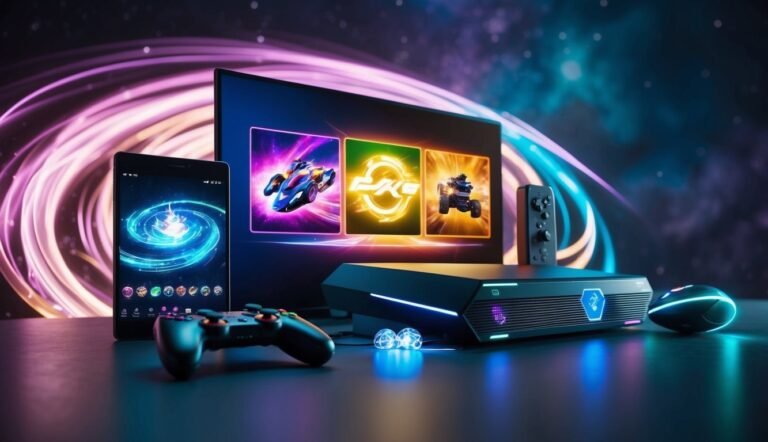 Gaming setup with console, TV, phone, controllers, and glowing background