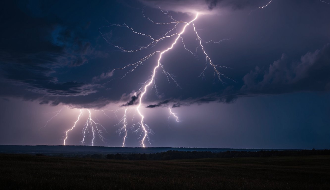 Lightning strikes across a dark, stormy sky over a field