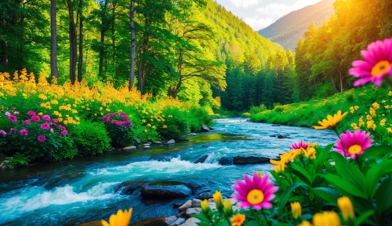 A vibrant river flows through a forest with colorful flowers