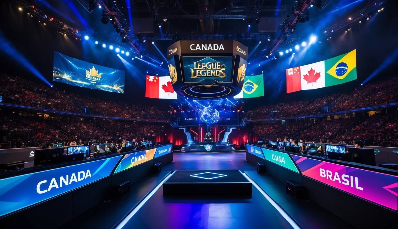 League of Legends esports arena with Canada and Brazil flags