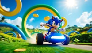 Sonic the Hedgehog driving a blue kart through a colorful course