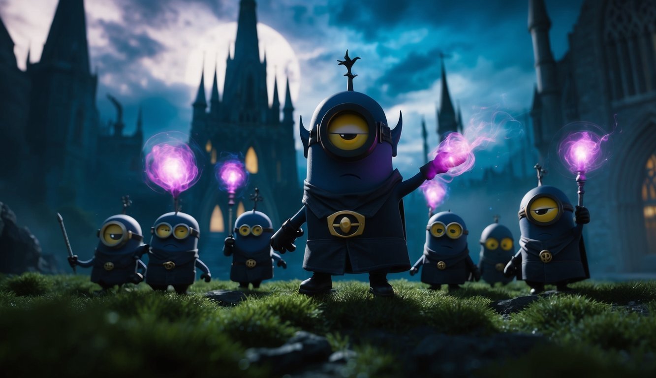 Minions dressed as wizards with glowing wands in front of a castle
