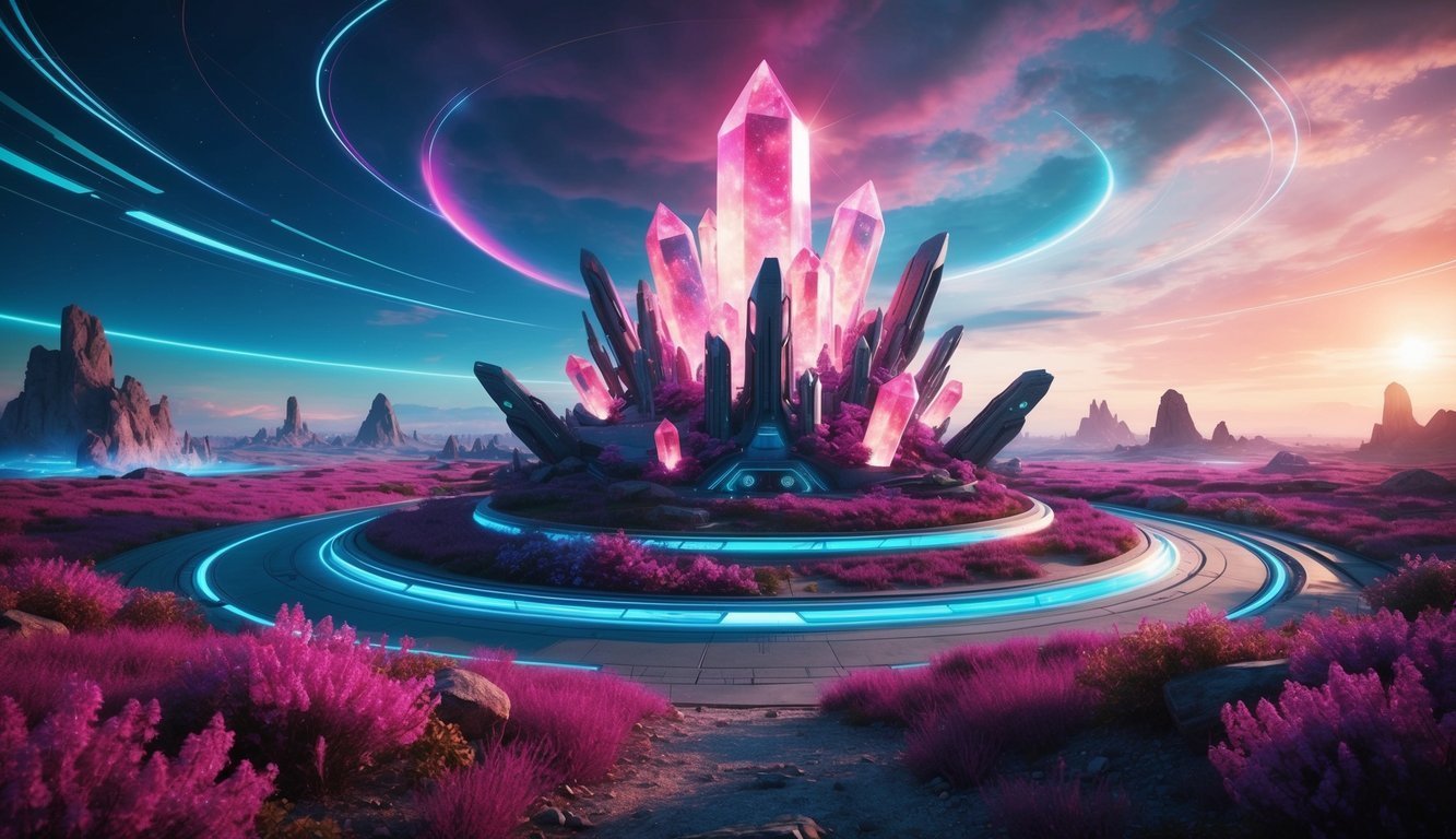 Futuristic landscape with glowing pink crystals on a platform, surrounded by pink plants