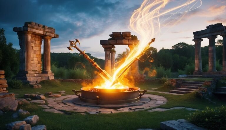 Two swords in fire, ancient ruins, and glowing energy