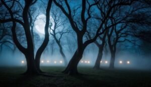 Spooky forest scene with bare trees, full moon, and glowing lights