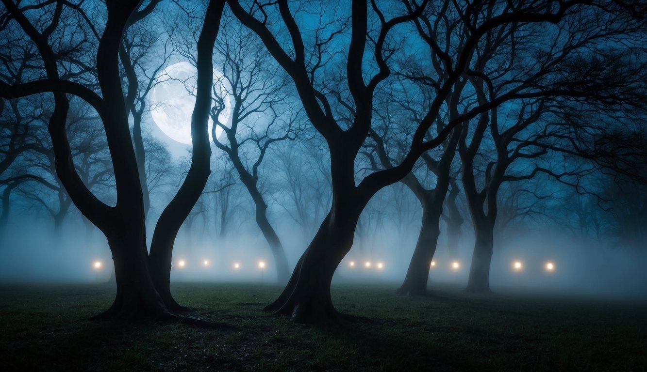 Spooky forest scene with bare trees, full moon, and glowing lights