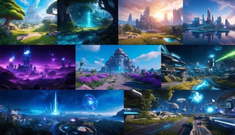 Nine futuristic landscape scenes, featuring cities, nature, and vibrant colors