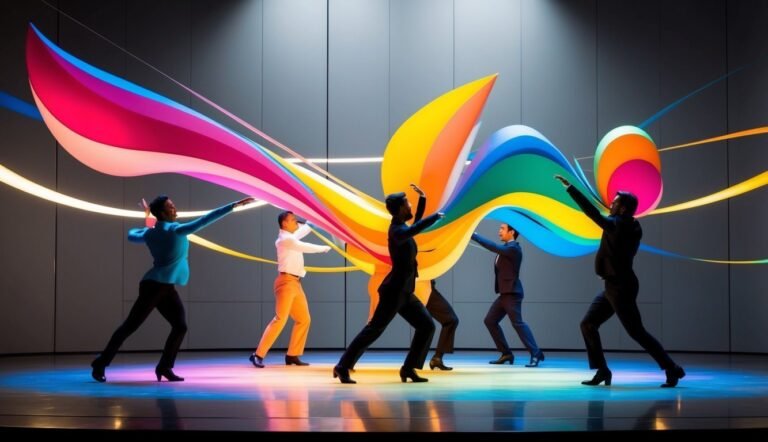 Five dancers interact with colorful, abstract ribbons on a stage