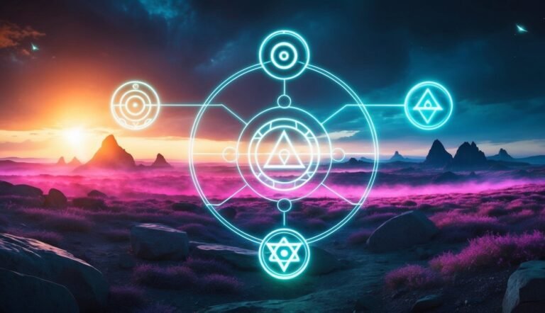 Glowing geometric symbols over a surreal landscape with mountains and purple plants