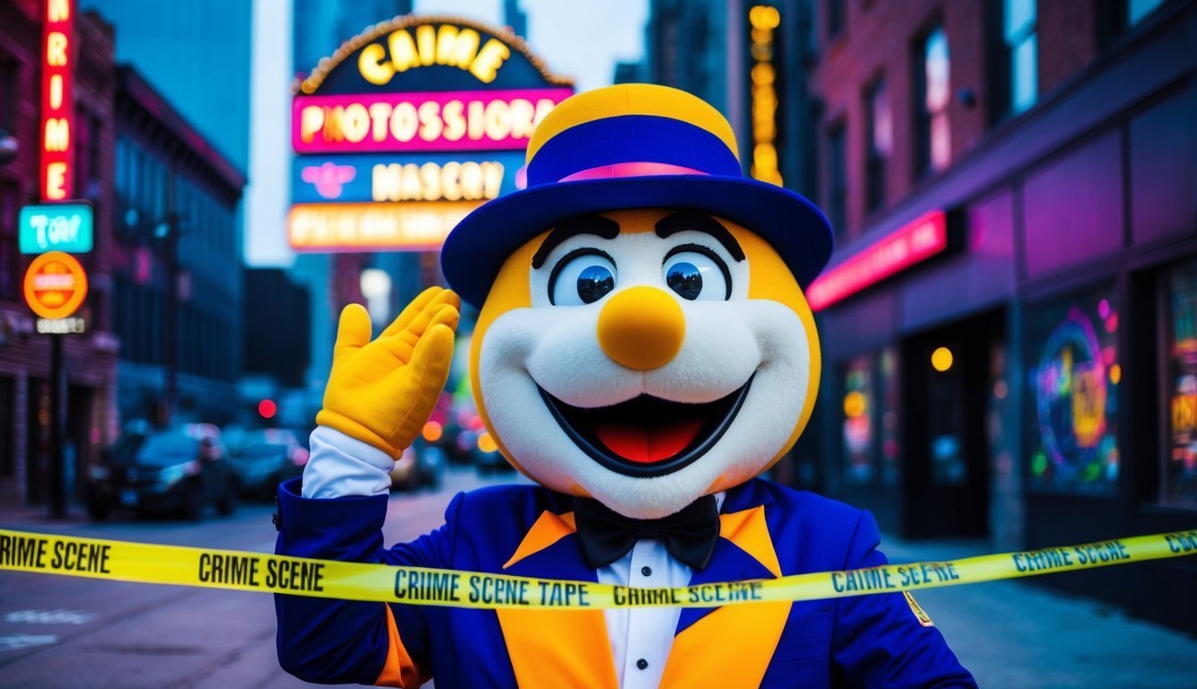 A smiling mascot in a suit salutes behind crime scene tape in a city