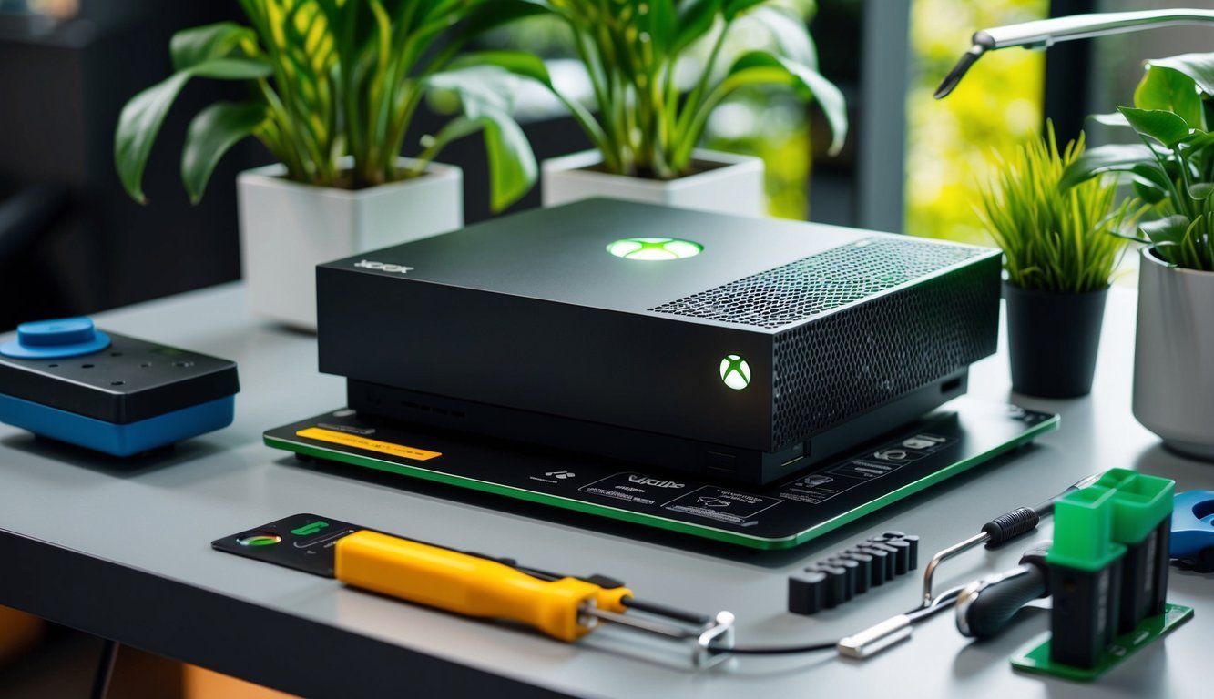 Black Xbox console on a table with tools and plants