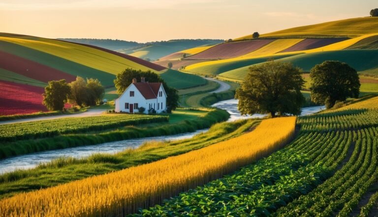 White house on a farm with colorful fields and a river