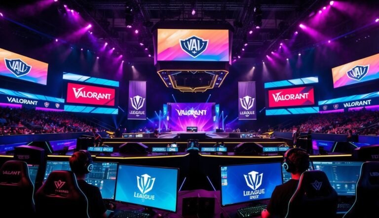 Esports arena with "Valorant" branding, players, and a large audience